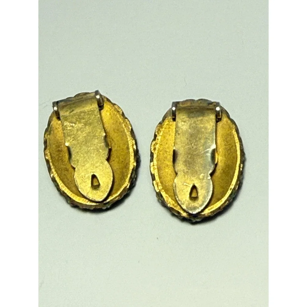 Vintage Yellow Glass‎ Oval Clip-On Earrings Brass Filigree Beaded Stud Women